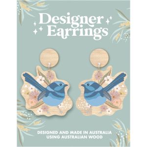 Blue Wren Wooden Earrings